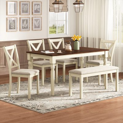Deral 6-Piece Farmhouse Solid Wood Dining Table Set with Bench
