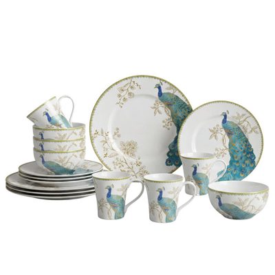 222 Fifth Peacock Garden 16-Piece Blue Porcelain Dinnerware Set