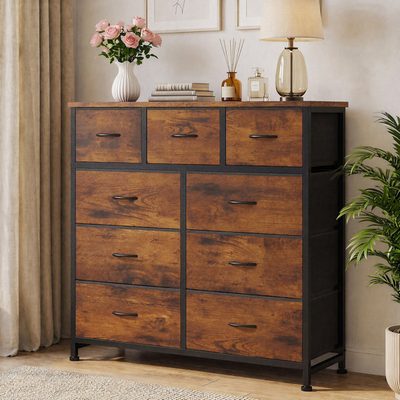 Charvi 9-Drawer Fabric Dresser with Wood Top