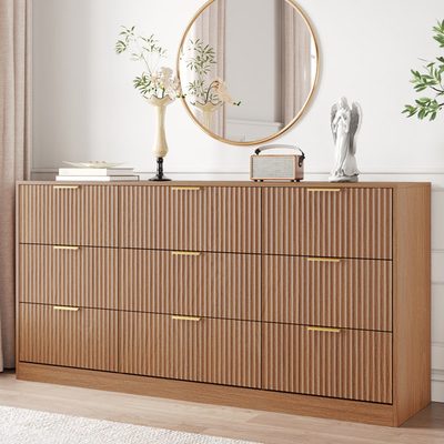 63" Wide 9-Drawer Fluted Dresser with Metal Handles, Brown