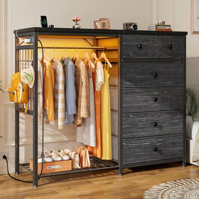 6-Drawer Dresser with Clothes Rack and Charging Station