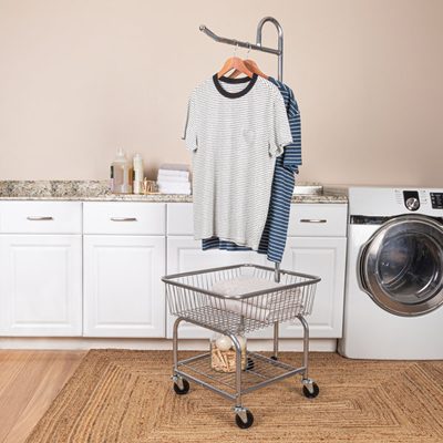Rolling Laundry Cart with Basket, Hanging Bar and Shelf