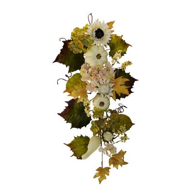 30" White Pumpkin Sunflower Hydrangea Teardrop Swag