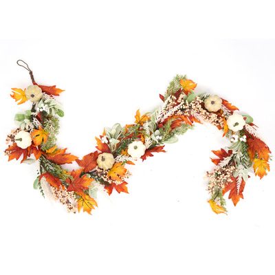 6' Handcrafted Pumpkin, Maple Leaves and Berry Fall Garland