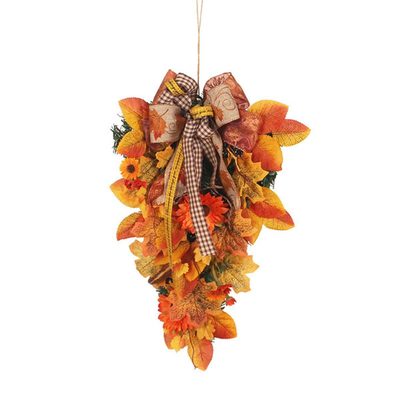 Fall Teardrop Door Swag with Buffalo Plaid Bow, Sunflowers and Maple Leaves