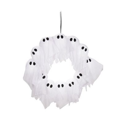 Haunted Hill Farm 24" Lighted Black and White Ghost Halloween Wreath