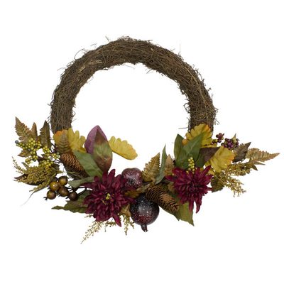 Mums and Pomegranates Artificial Floral Wreath, Red, 20"