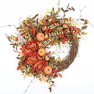 26" Faux Fall Pumpkin Peony Floral Wreath for Front Door