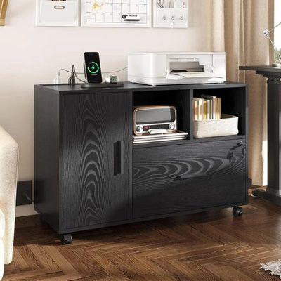 Cambrie 36.6 Inch Mobile Wood File Cabinet with Shelves and Charging