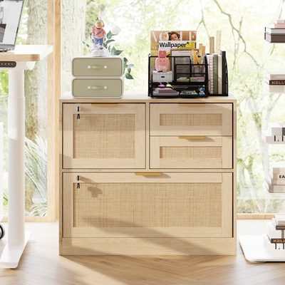 31.5 Inch Rattan File Cabinet with Lock and 4 Drawers