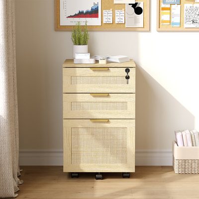 15.75 Inch Rattan File Cabinet with Lock and 3 Drawers