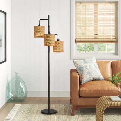 Coleford 65" 3-Light Tree Floor Lamp with Woven Rattan Shades