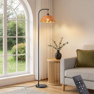 64" Rattan Arched Floor Lamp with Remote Control