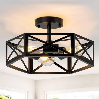 Lepe 3-Light Dimmable Black Cage Semi Flush Mount