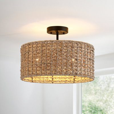 Stutz 16" 3-Light Rattan Drum Semi-Flush Mount