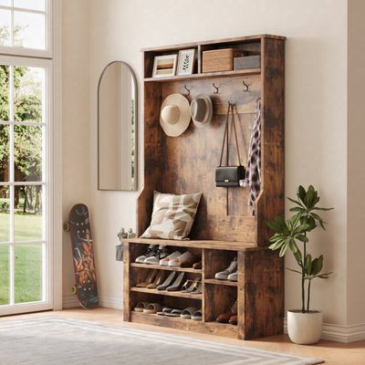 Farmhouse Hall Tree with Bench, Shoe Storage, Side Baskets and Hooks