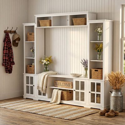 Starlin 102 Inch Entryway Hall Tree with Shelves and Glass Doors