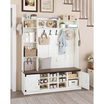 6-in-1 Farmhouse Hall Tree with Shoe Storage Bench