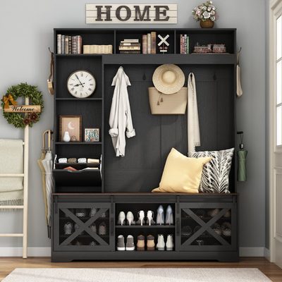 59 Inch Farmhouse LED Hall Tree with Bench and 16 Shoe Shelves