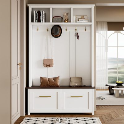 4-in-1 Hall Tree with 6 Golden Hooks and 2-Drawer Bench