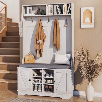 4-in-1 Hall Tree with Cushion and Open Shoe Cabinet