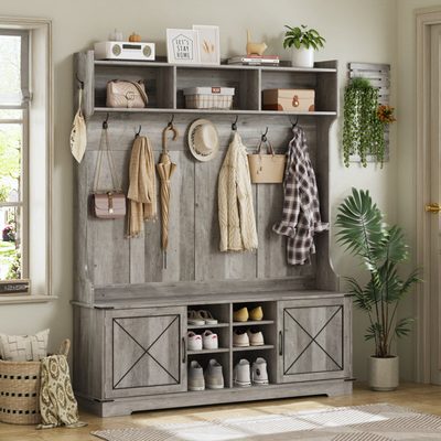 Jaxsin Farmhouse 59 Inch Hall Tree with Bench and Shoe Storage