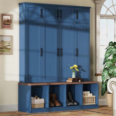 Farmhouse Hall Tree with Hidden Hooks, Walnut Bench and 8 Doors