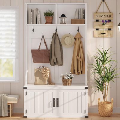 76 Inch Farmhouse 4-in-1 Hall Tree with Bench and Shoe Storage