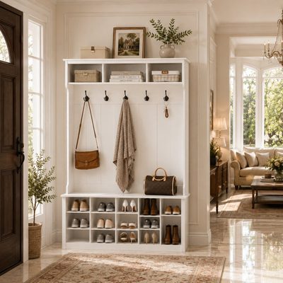 53 Inch Hall Tree and Shoe Storage Bench with Shelves and Coat Hooks
