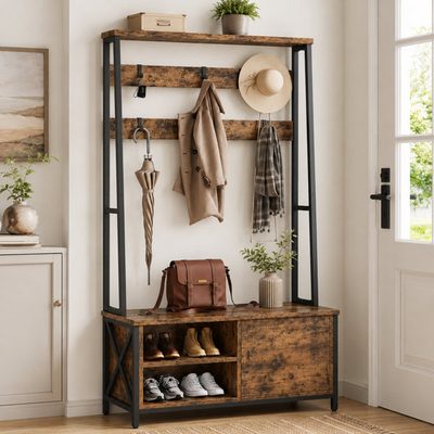 Industrial Hall Tree with Bench, Shoe Storage and 6 Hooks
