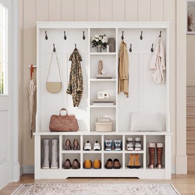 59 Inch Farmhouse Hall Tree with Shoe Storage
