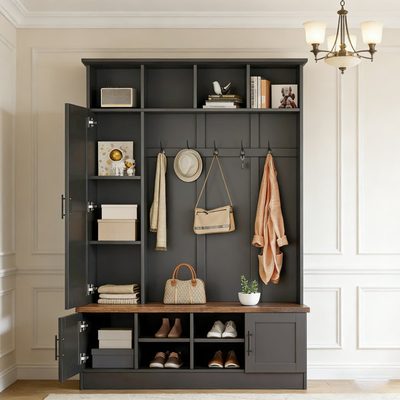 Versatile 3-in-1 Hall Tree with 6 Hooks and Walnut Storage Bench