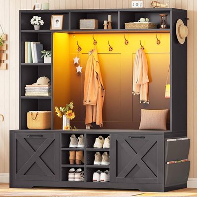 59 Inch Farmhouse Hall Tree with Bench and Shoe Storage