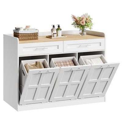 Tilt-Out Laundry Hamper Cabinet with 2 Drawers and 3 Baskets