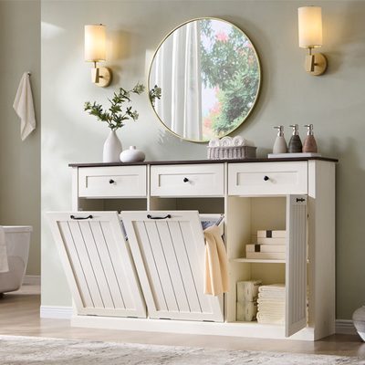 Triple Tilt-Out Farmhouse Laundry Hamper Cabinet