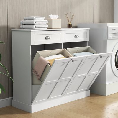 Double Tilt-Out Laundry Hamper Cabinet with 2 Drawers