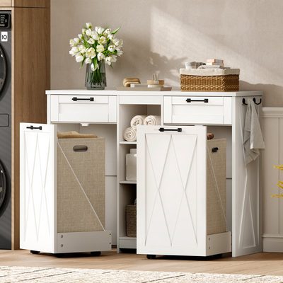 Laundry Hamper Cabinet with 2 Removable Baskets on Wheels