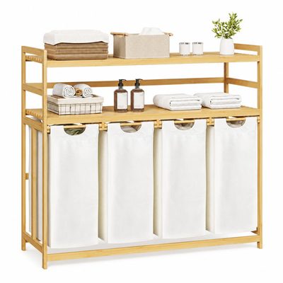 Bamboo Laundry Basket and Storage Rack with 4-Section Hamper