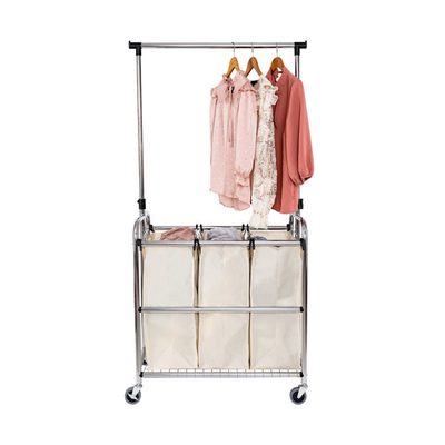 Rolling 3-Bag Steel Laundry Sorter with Hanging Bar