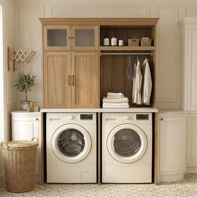 Space-Saving Laundry Cabinet with Hanging Rod for Washer and Dryer