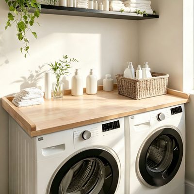 54 x 27.5 Inch Natural Wood Washer Dryer Countertop with Edge Rails