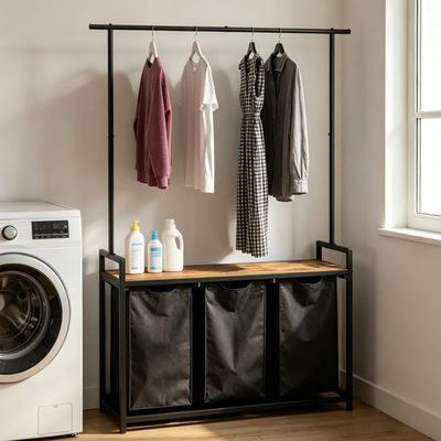 3-Bin Freestanding Laundry Organizer with Hanging Bar