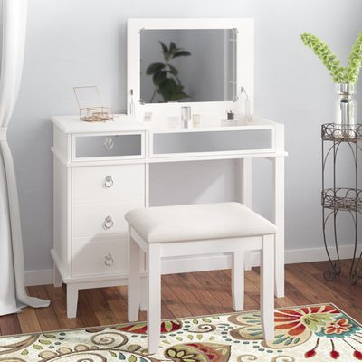 Dangeras Mirrored Accent Vanity Set with Cushioned Stool