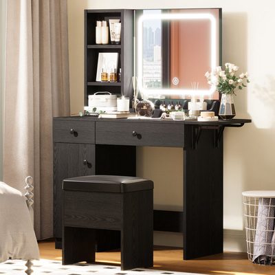 Vanity Desk Set with LED Lighted Mirror and Power Outlet