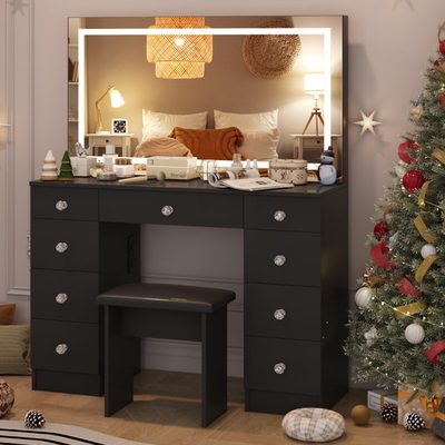 Greyden Vanity Set with LED Mirror and 9 Drawers