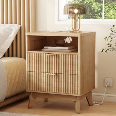 Rhythm Fluted Wood Nightstand with Charging Station