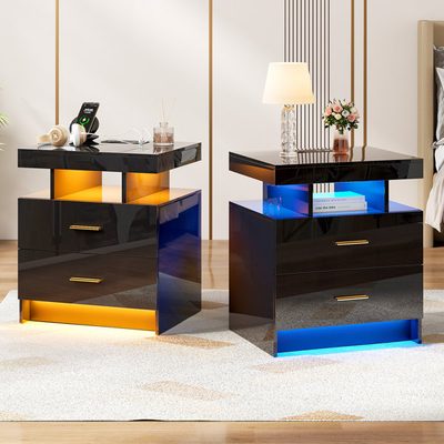 2-Drawer Nightstand with USB Port and LED Light, Set of 2
