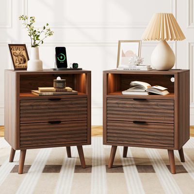 19.7" Nightstand with 2 Drawers, Open Shelf, LED Lights and Outlets