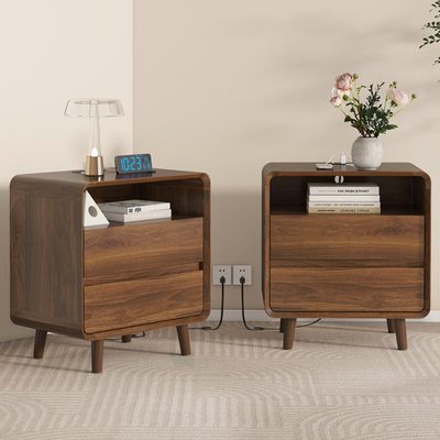 Angela Walnut Nightstand Set of 2 with Open Shelf and Charging Station