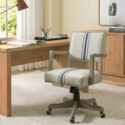 Bromley Farmhouse Linen Task Chair with Solid Wood Arms and Nailheads